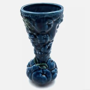 Blue Ceramic Vase with Leaf Details